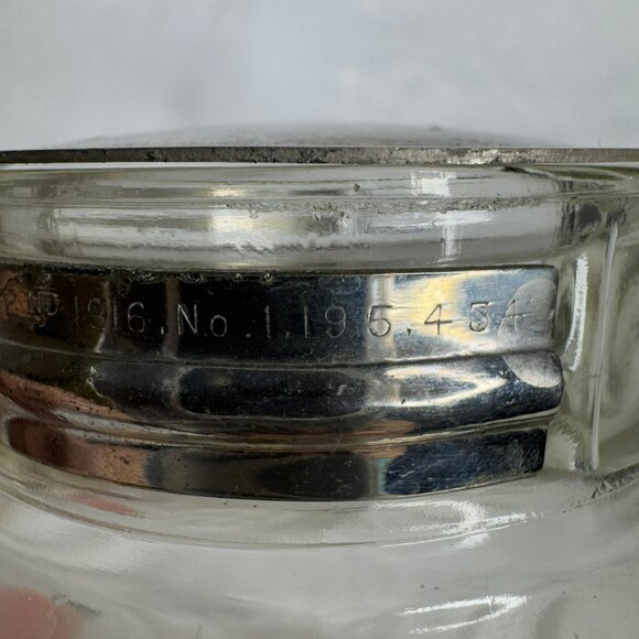 VTG Glass Syrup Pitcher With Metal Lid Etched Floral Design Marked E & JB 1916 - Picture 11 of 13